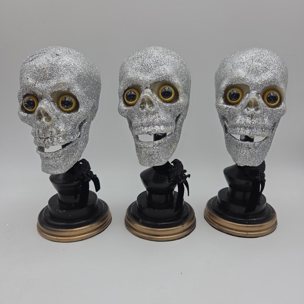 Vintage Lots of 3 Glitter Skulls head Blow Mold with stand Prop Halloween Decor